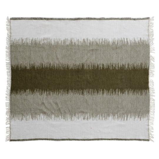 Hello Honey® Green and White Woven Cotton Blend Throw Blanket with Stripes and Fringe